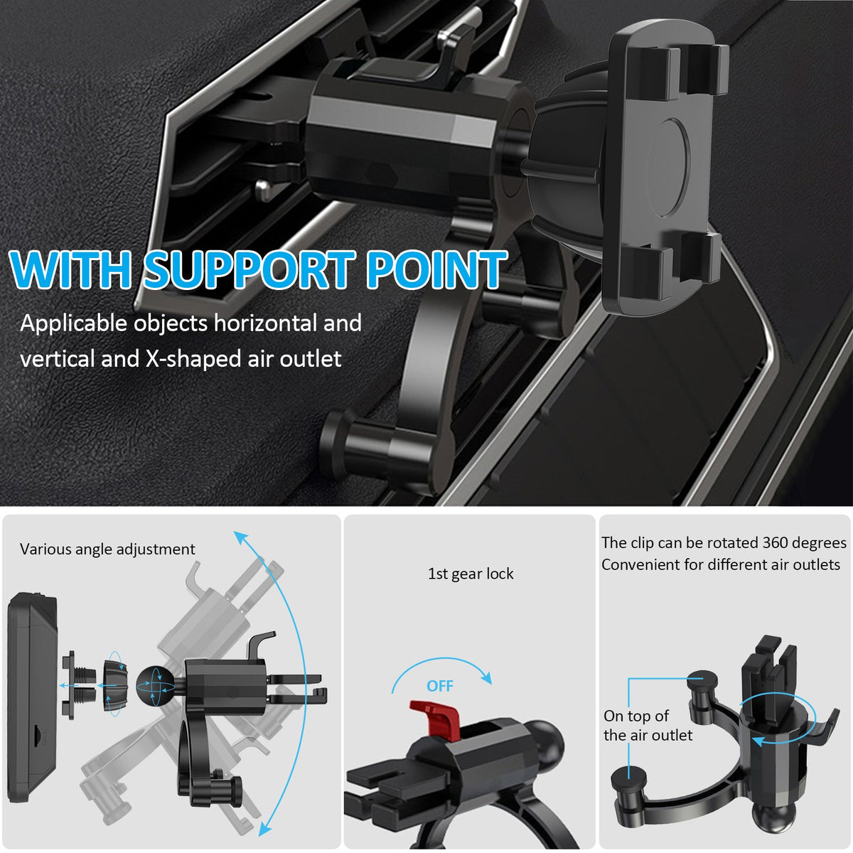  the clip can be rotated 360 degrees convenient for different air outlets