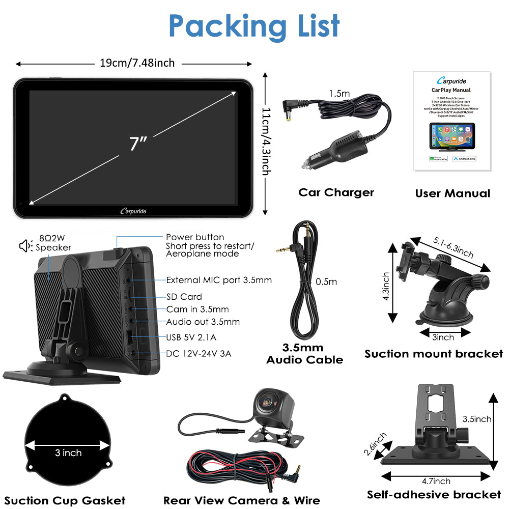 packing list: car screen, car charger, mount brackets,rear camera, etc.