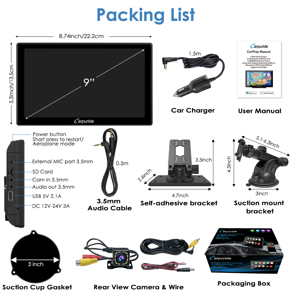 packing list: car screen, car charger, mount brackets,rear camera, etc.
