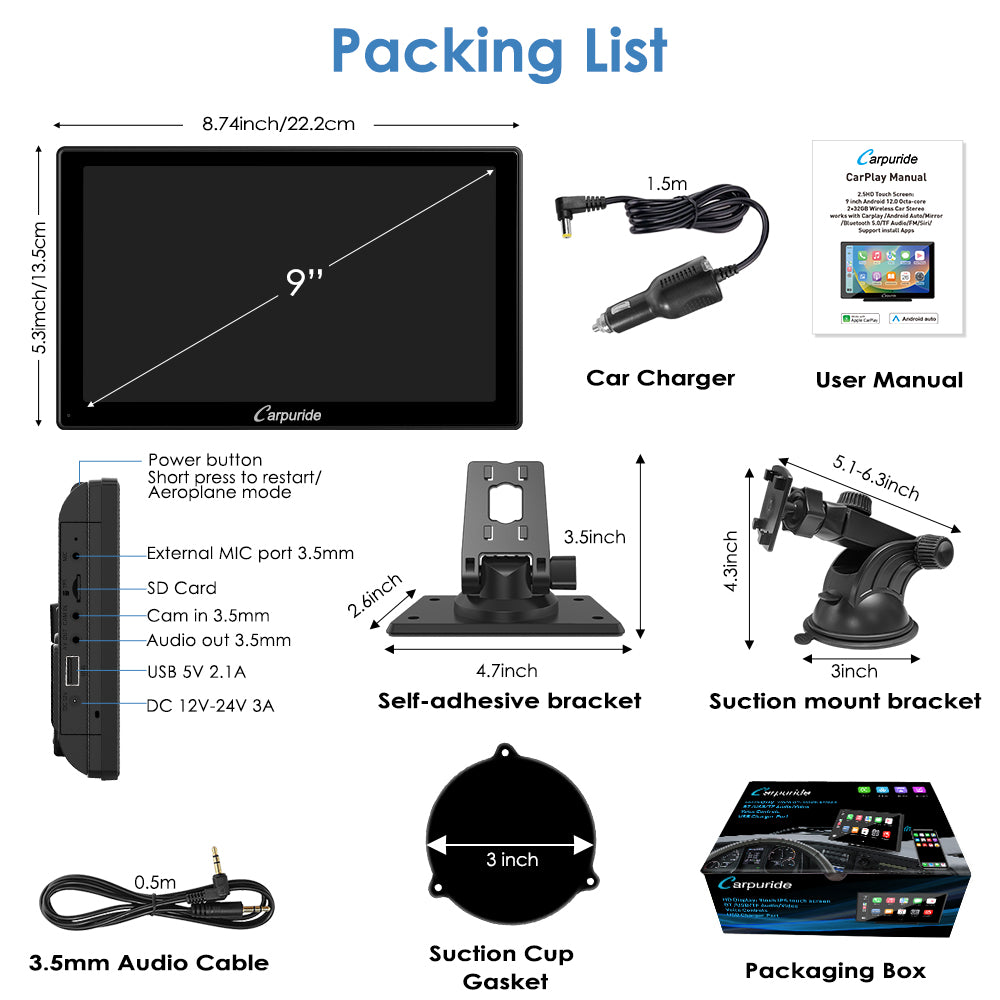 packing list: car touch screen radio, car charger, mount brackets,rear camera, etc.