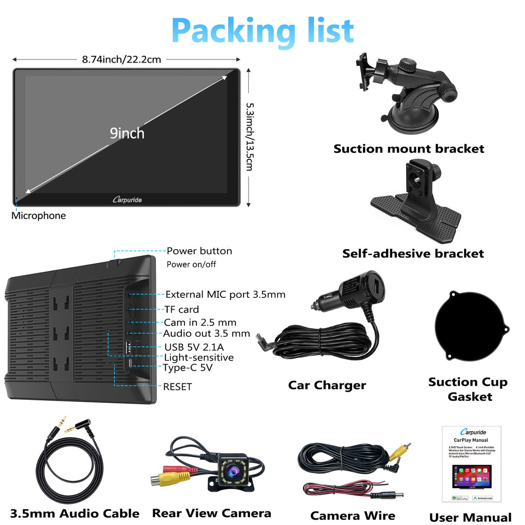 packing list: car screen, car charger, mount brackets, user manual, rear view camera, etc.