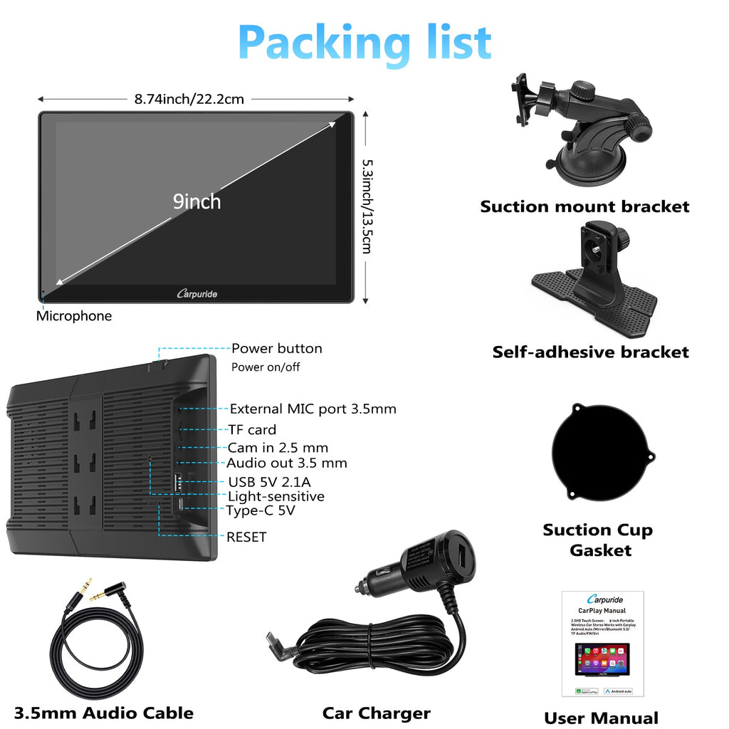 packing list: car screen, car charger, mount brackets, user manual, etc.