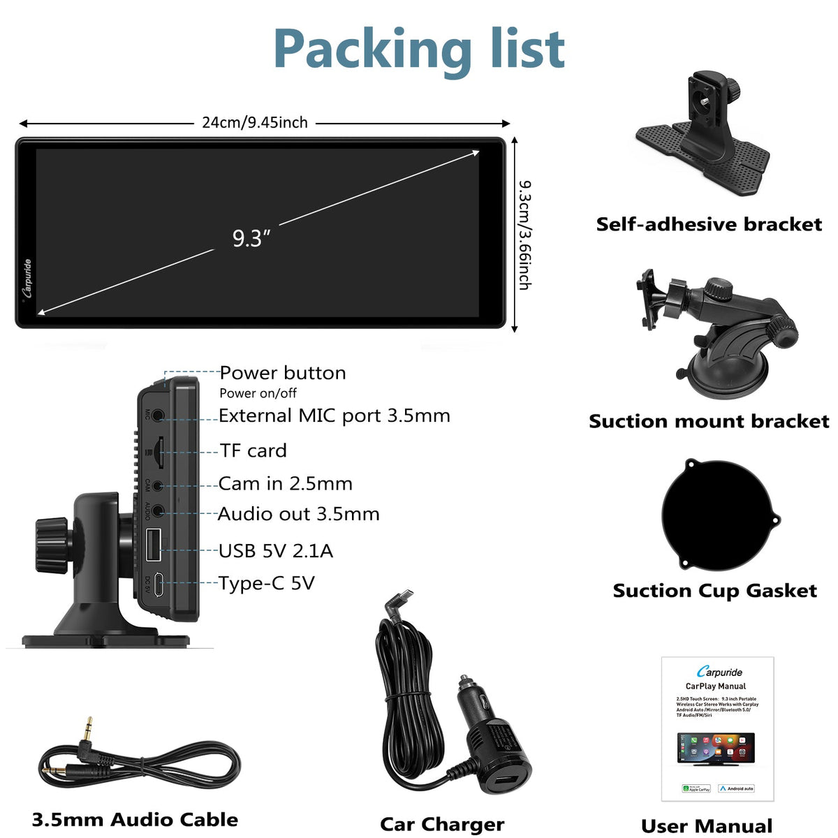 packing list: car screen, car charger, mount brackets, user manual, etc.