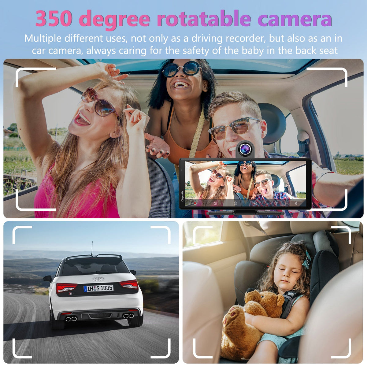 350 degree rotatable camera  of wireless car stereo offers both driving & in car recording 