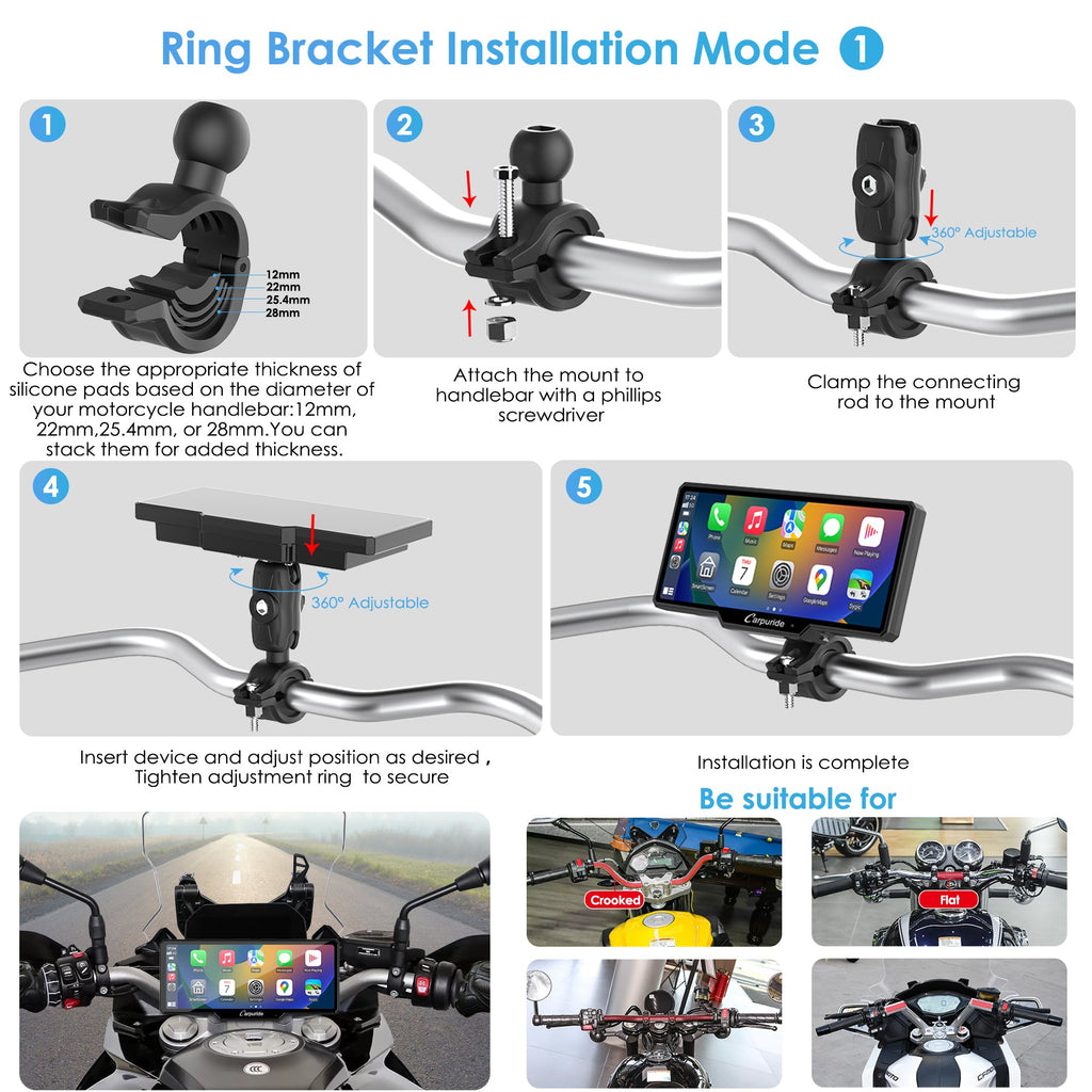 ring bracket installation mode 1(with extension rod), suitable for different motorcycle handlebars