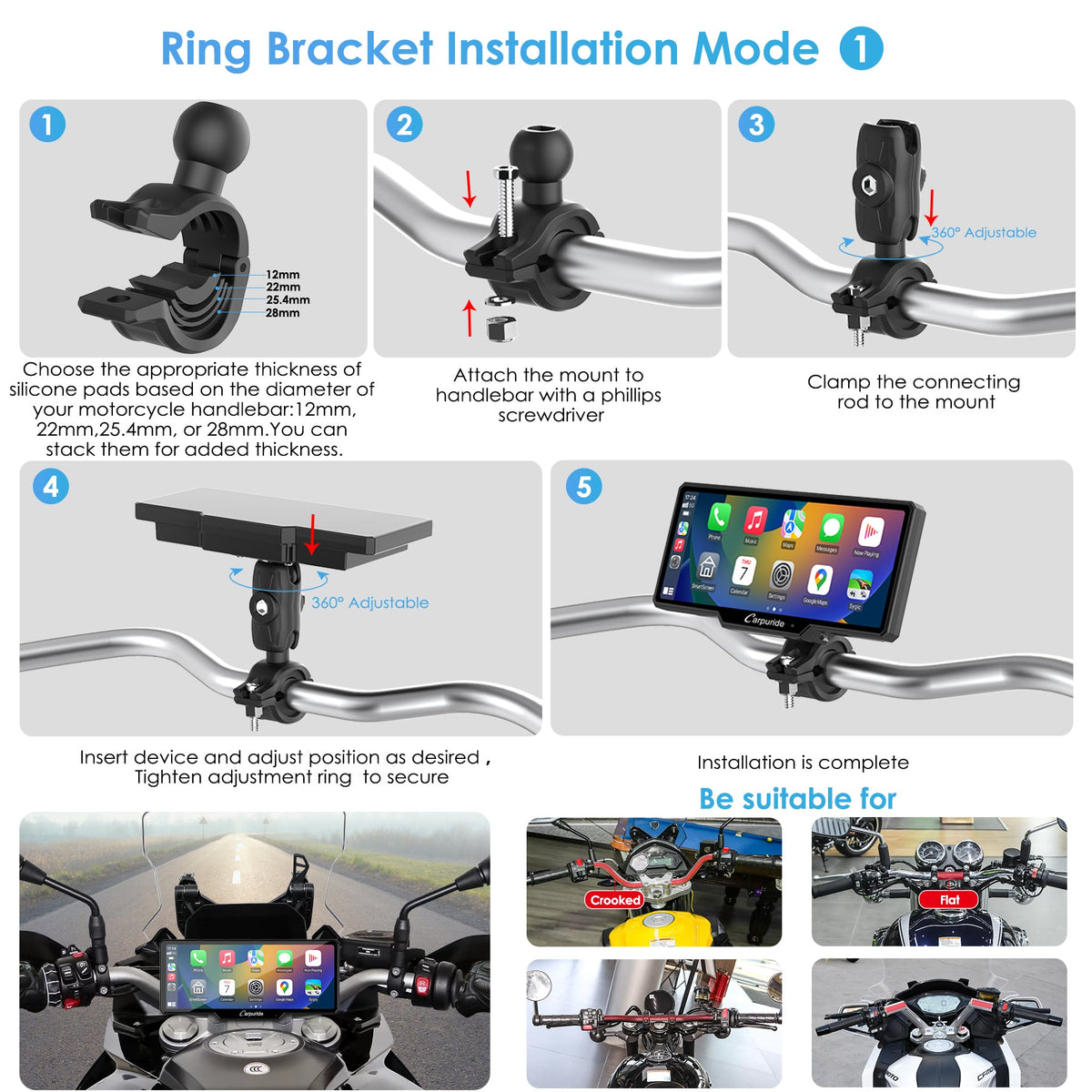ring bracket installation mode 1(with extension rod), suitable for different motorcycle handlebars
