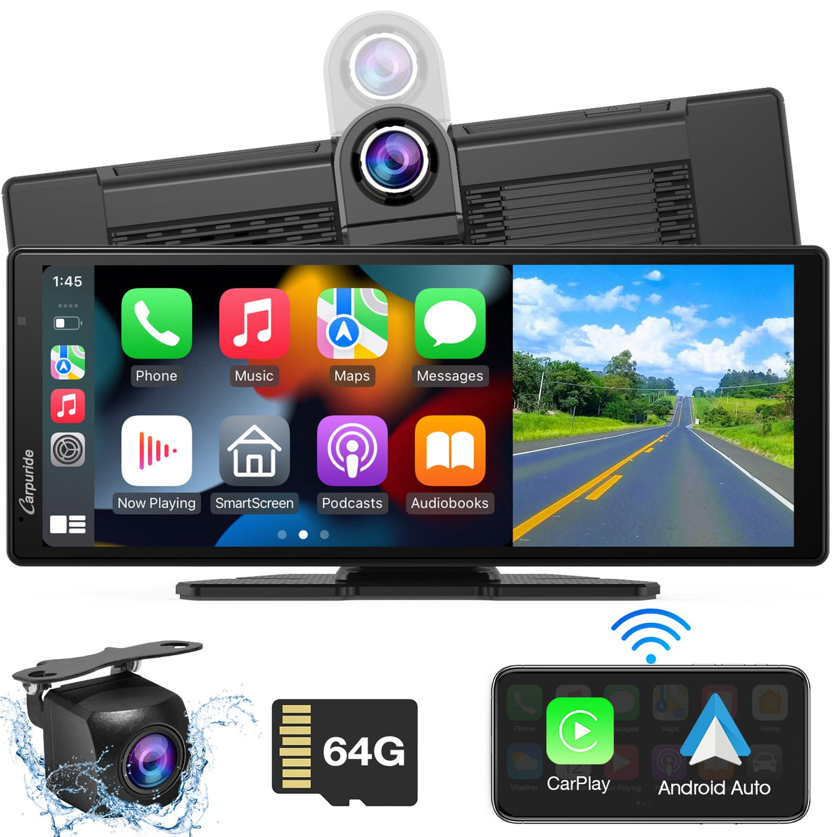 Carpuride w903 with 350 degree rotatable front camera & dash cam, front & back view