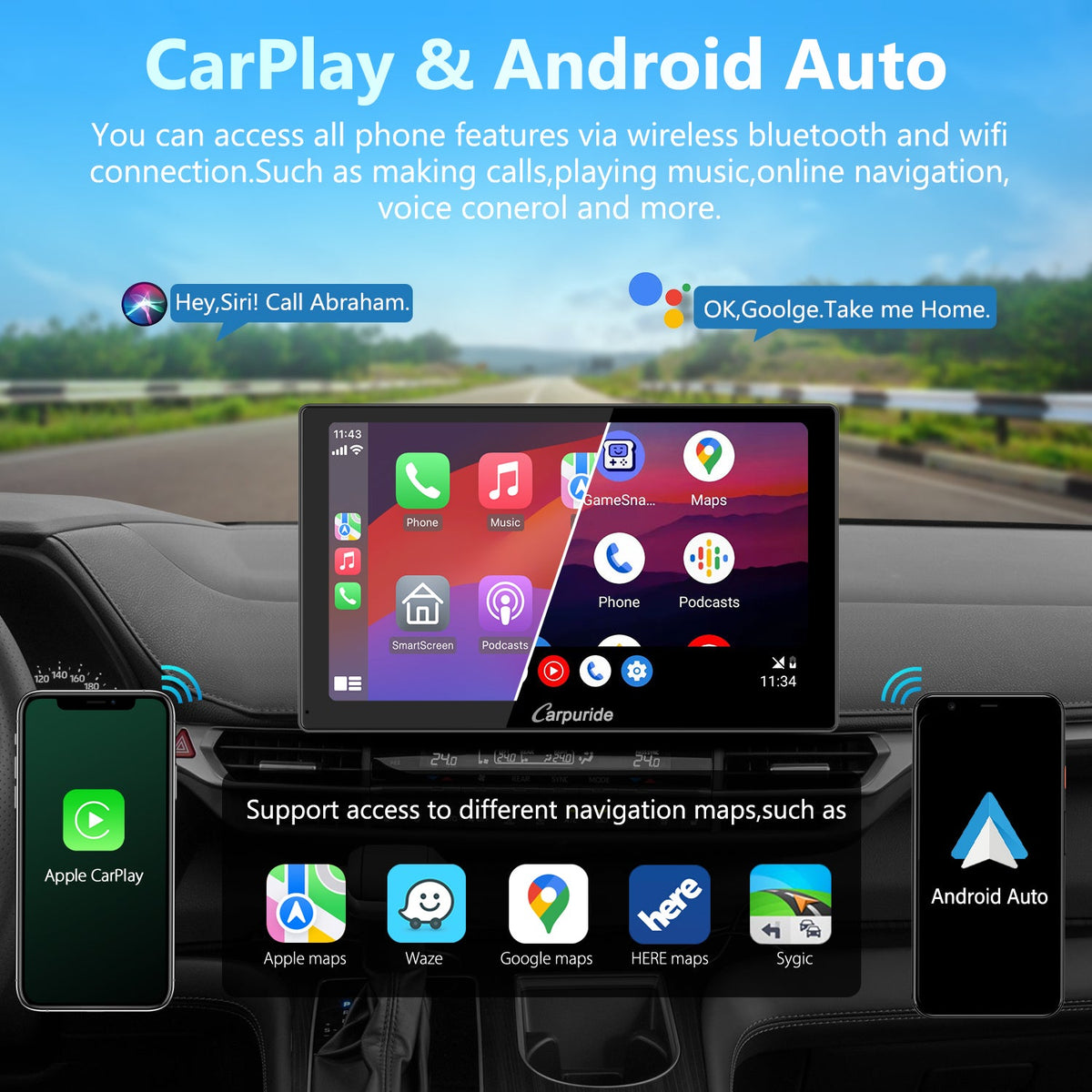 cheap carplay units support carplay & android auto, get all phone features via bluetooth and wifi