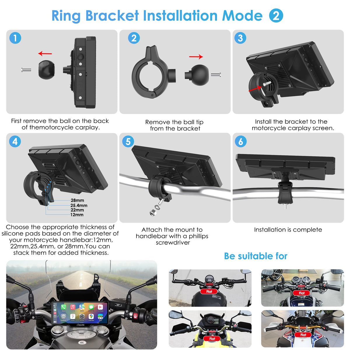 ring bracket installation mode 2(without extension rod), suitable for different motorcycle handlebars