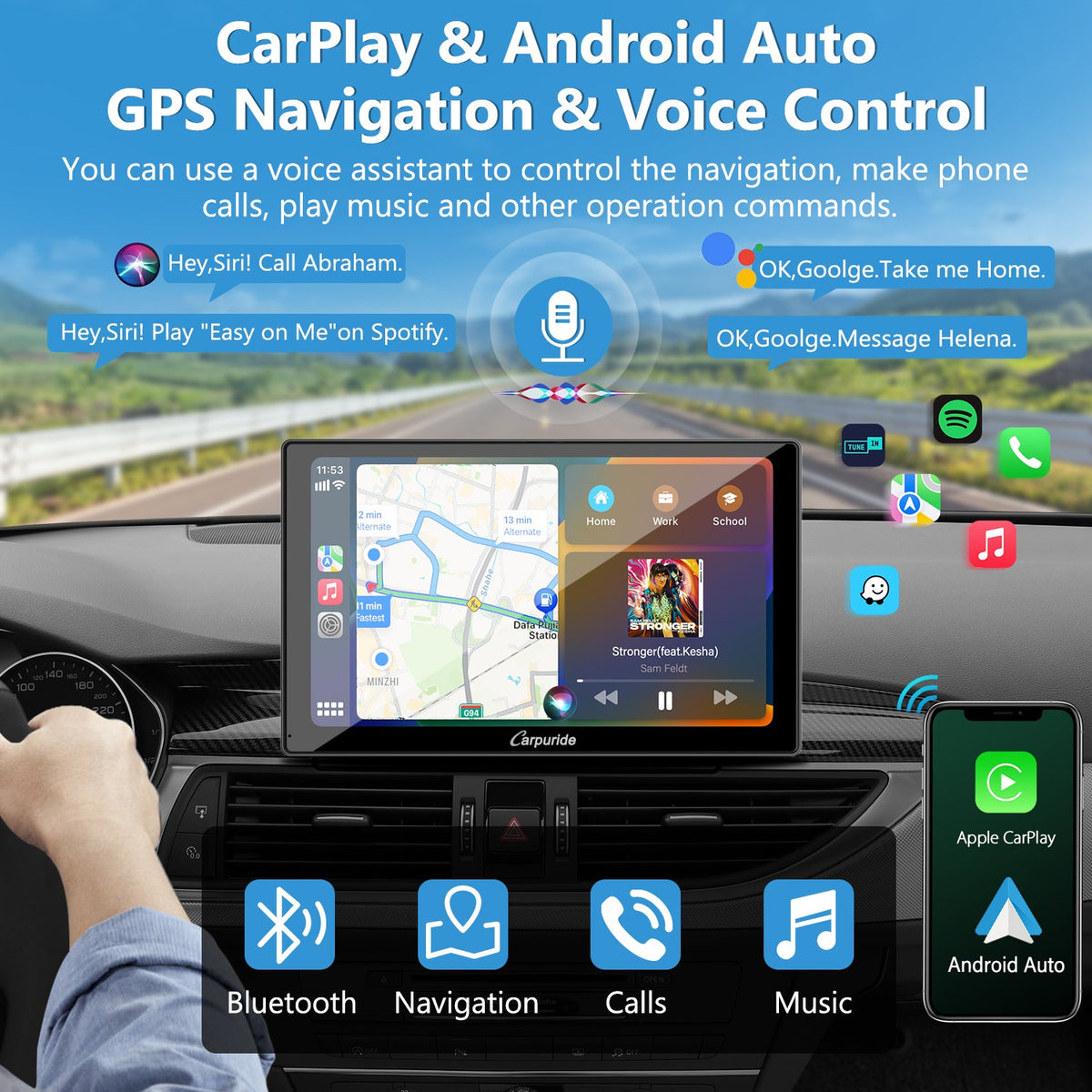 car gps with carplay & android auto  supports access to different navigation apps and voice control