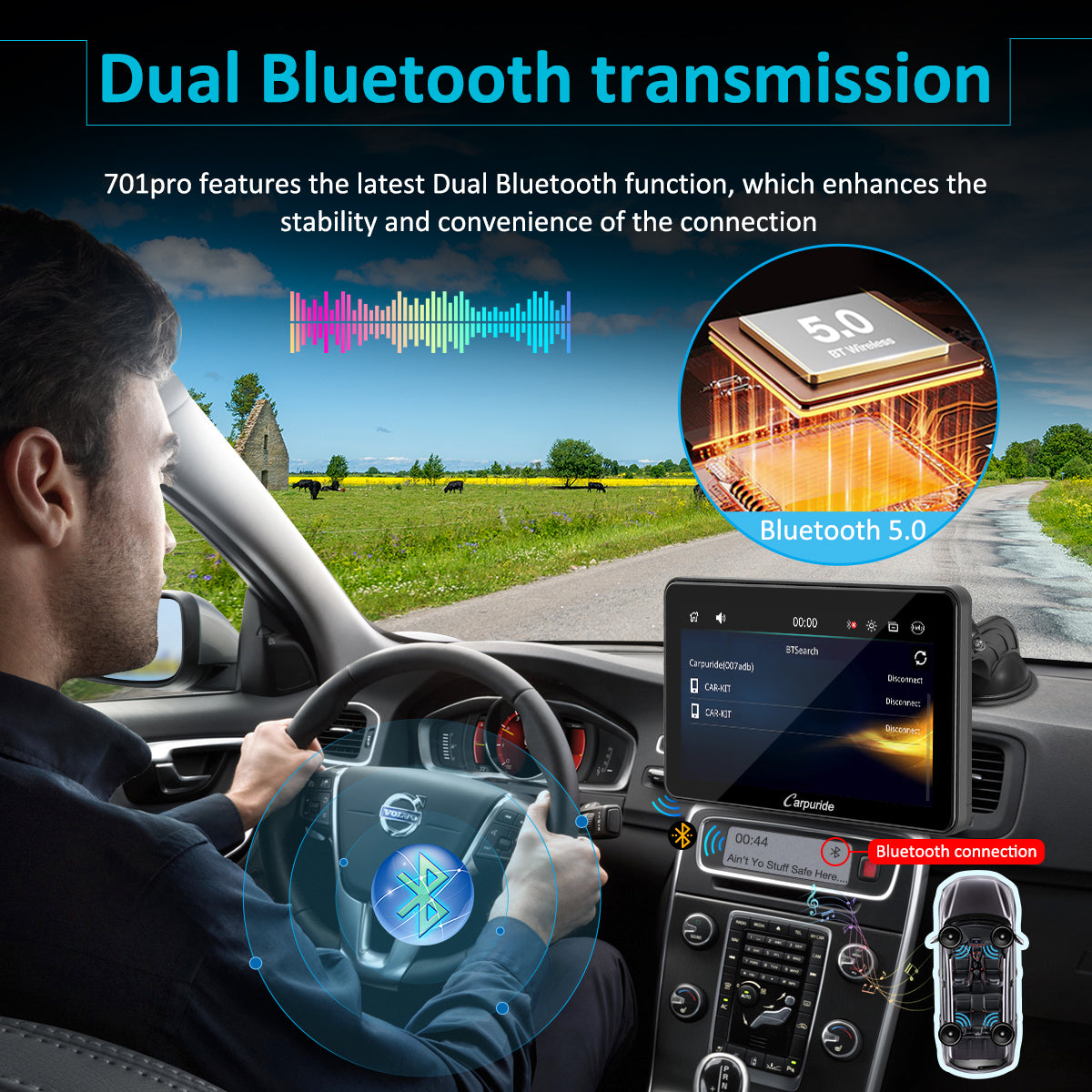 car radio with latest dual bluetooth transmission function enables convenience & stability