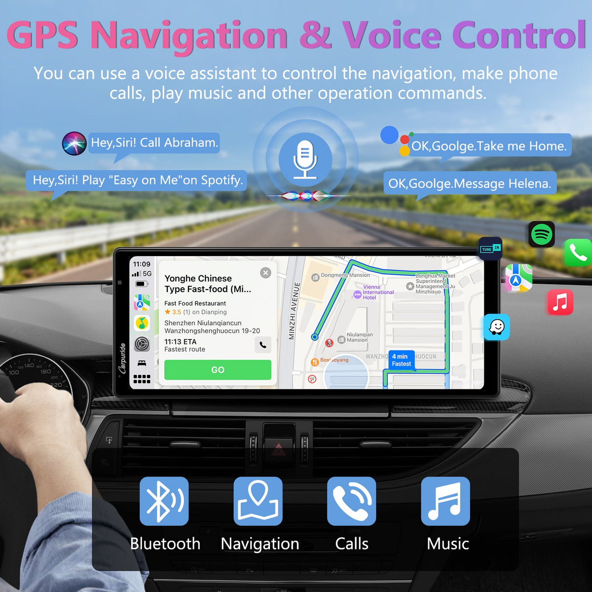 portable wireless car stereo use voice  assistant to control the navigation, make calls, play music, etc.