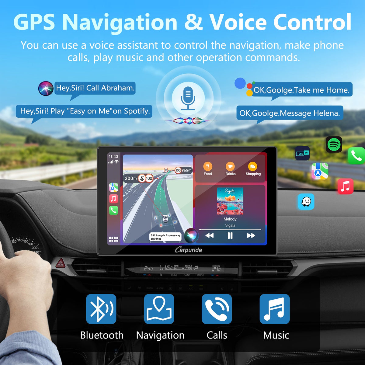 gps for car use voice assistant to control navigation, calls, music,  enable safe driving