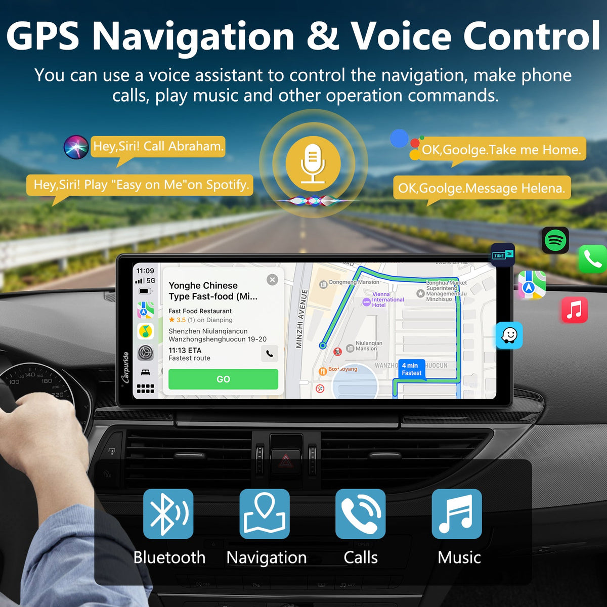 gps tracker for car use voice assistant to control navigation, calls, music,  enable safe driving