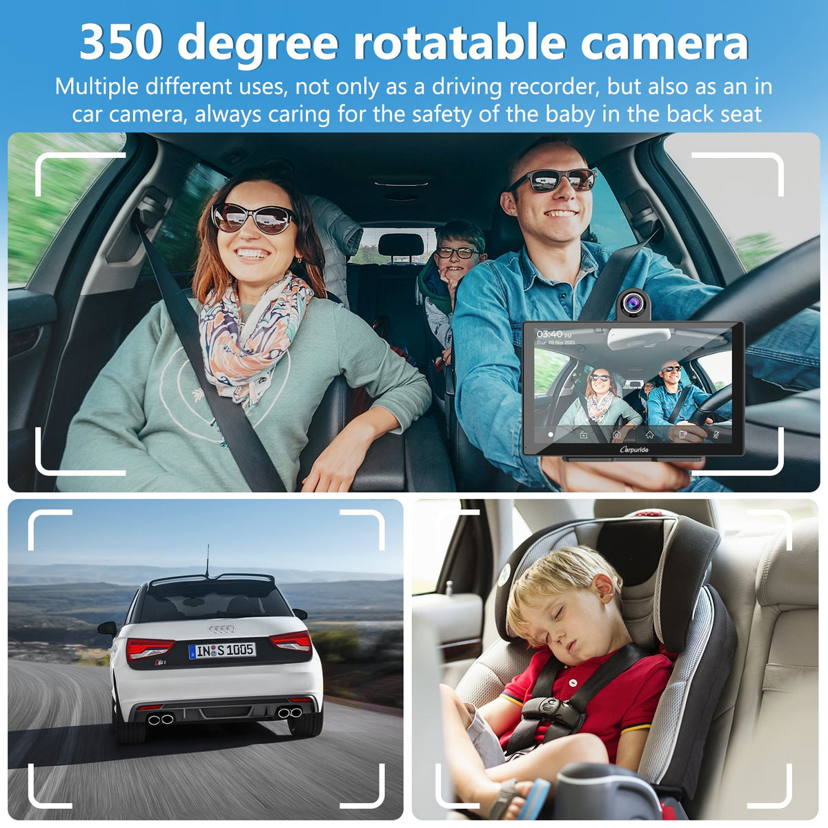 350 degree rotatable camera  of wireless car stereo offers both driving & in car recording 
