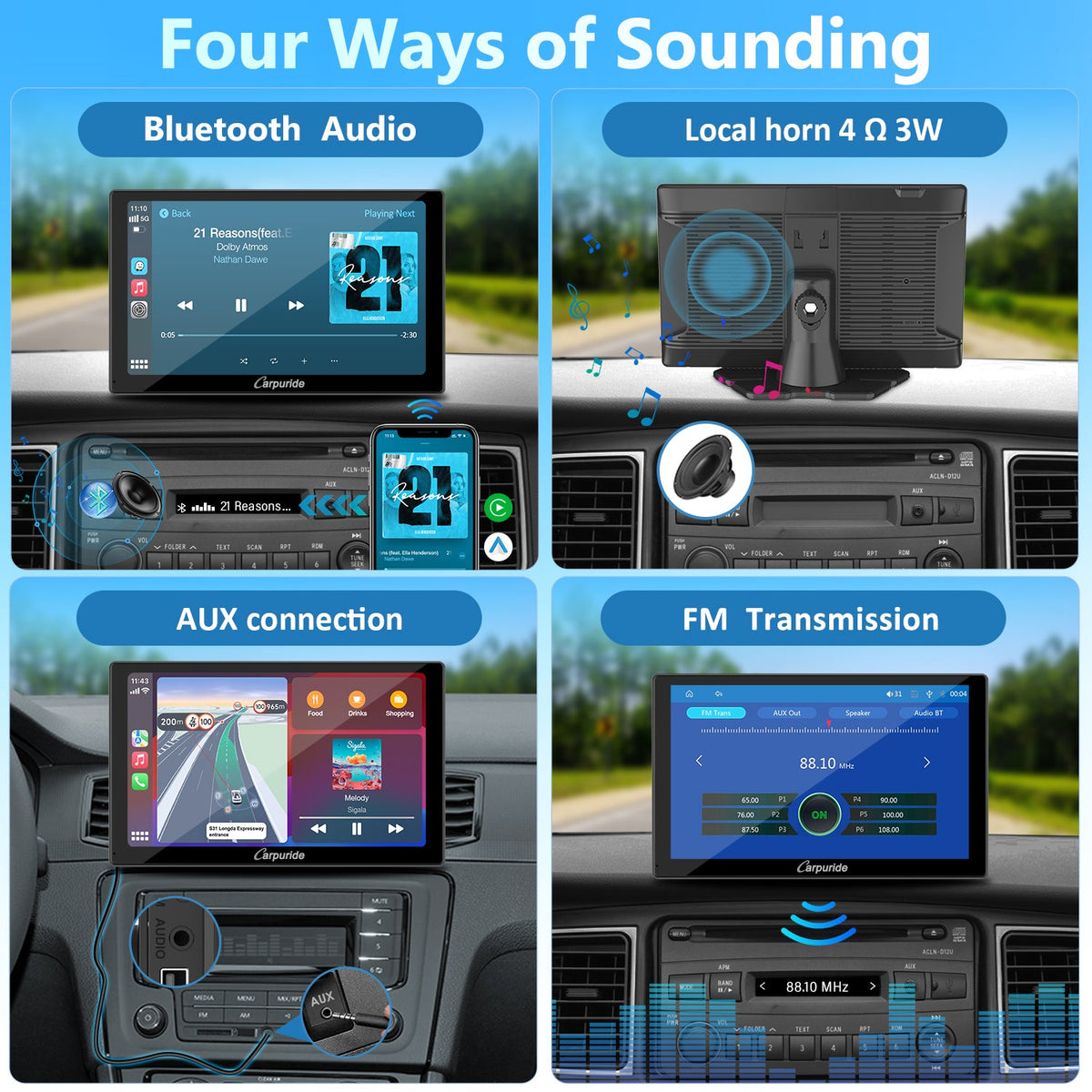 car gps navigation screen with 4 ways of sounding, built-in speaker, aux, FM, bluetooth audio