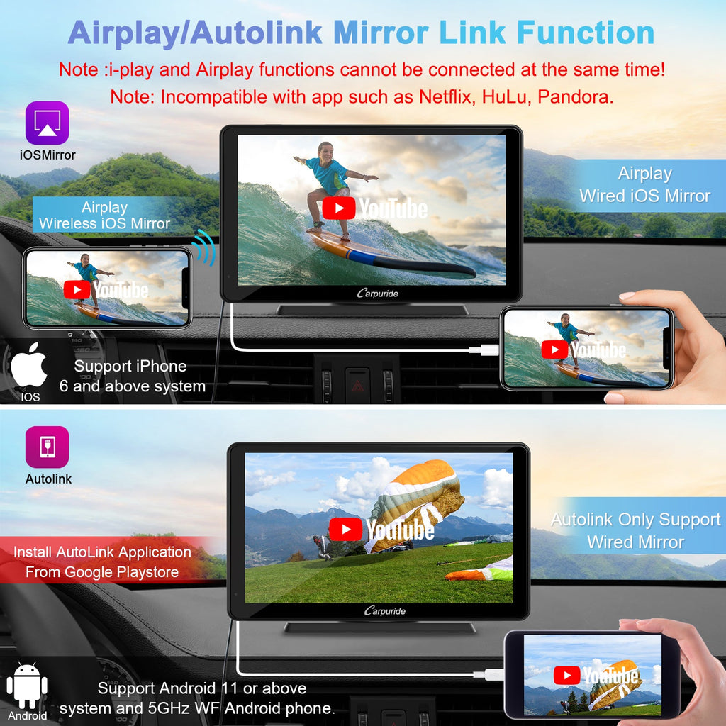 car radio bluetooth with mirror-link, autolink wired mirror, airplay wired & wireless ios mirror
