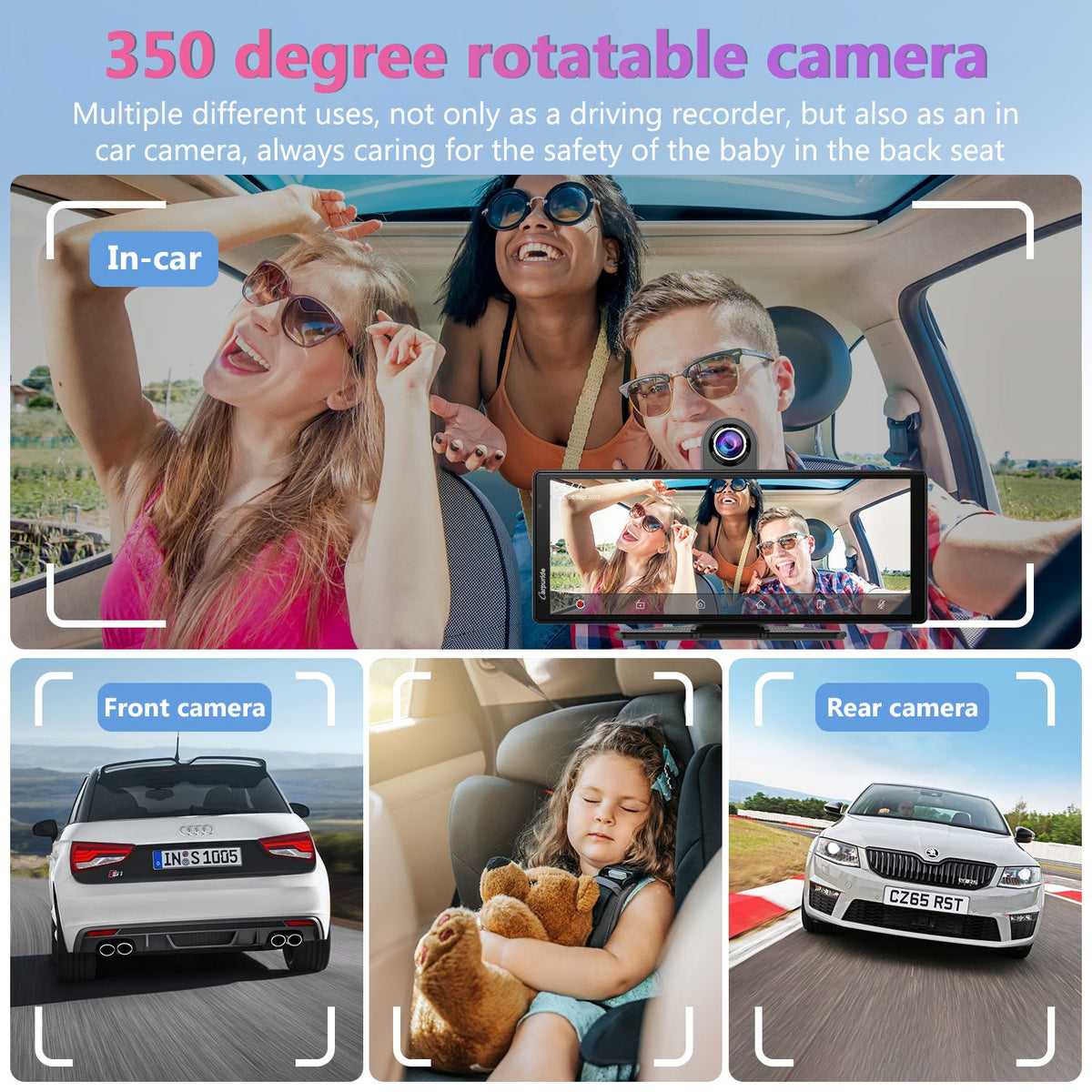 350 degree rotatable camera  of wireless car stereo offers both driving & in car recording 