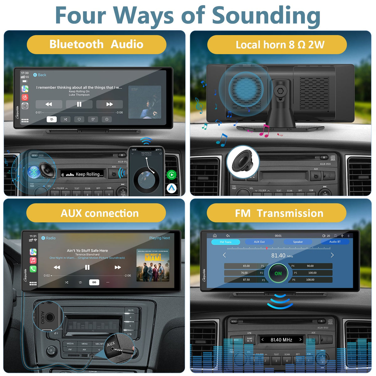 apple play car stereo with 4 ways of sounding, built-in speaker, aux, FM, bluetooth audio