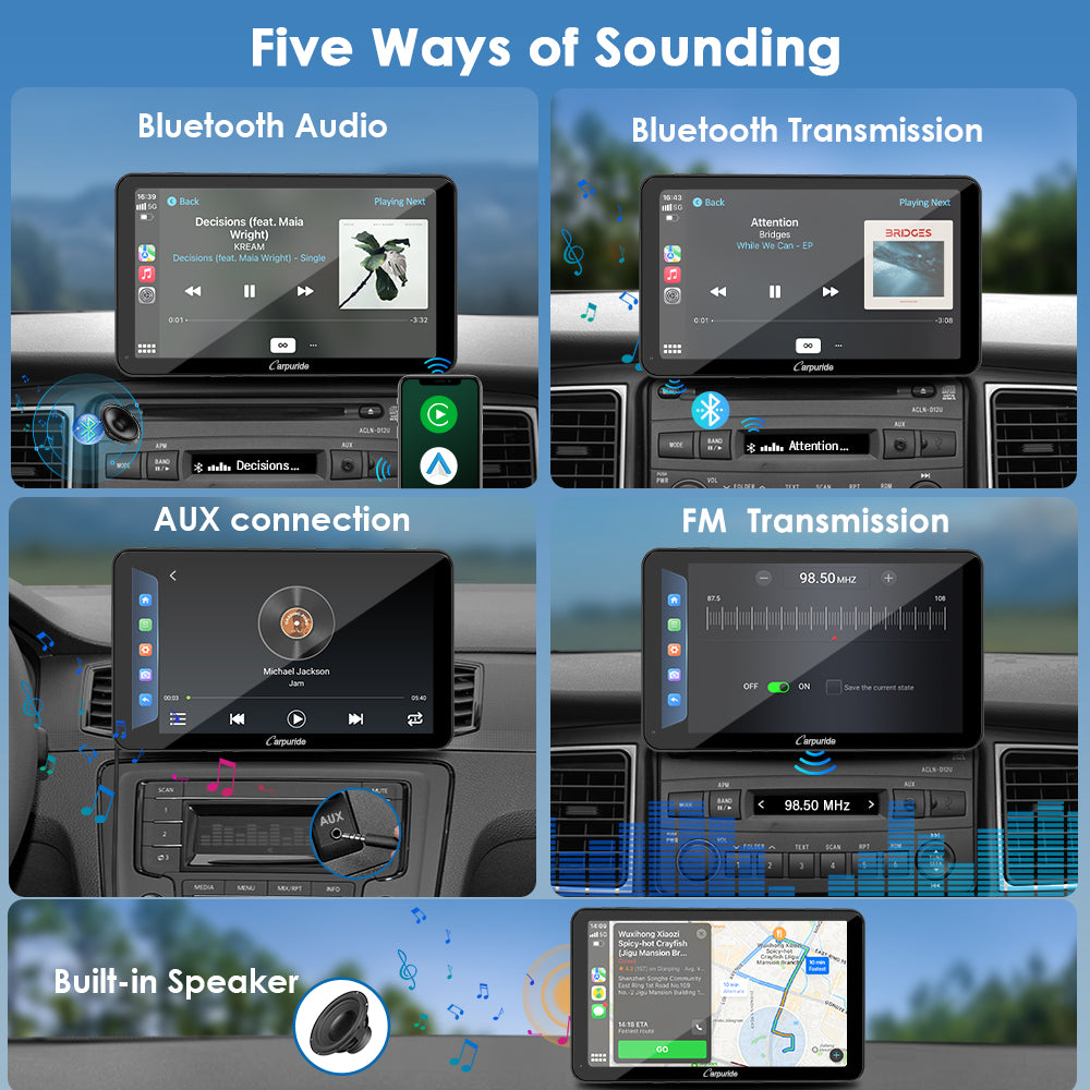 5 sounding ways: bt audio, bluetooth transmission, built-in speaker, aux connection, FM transmission
