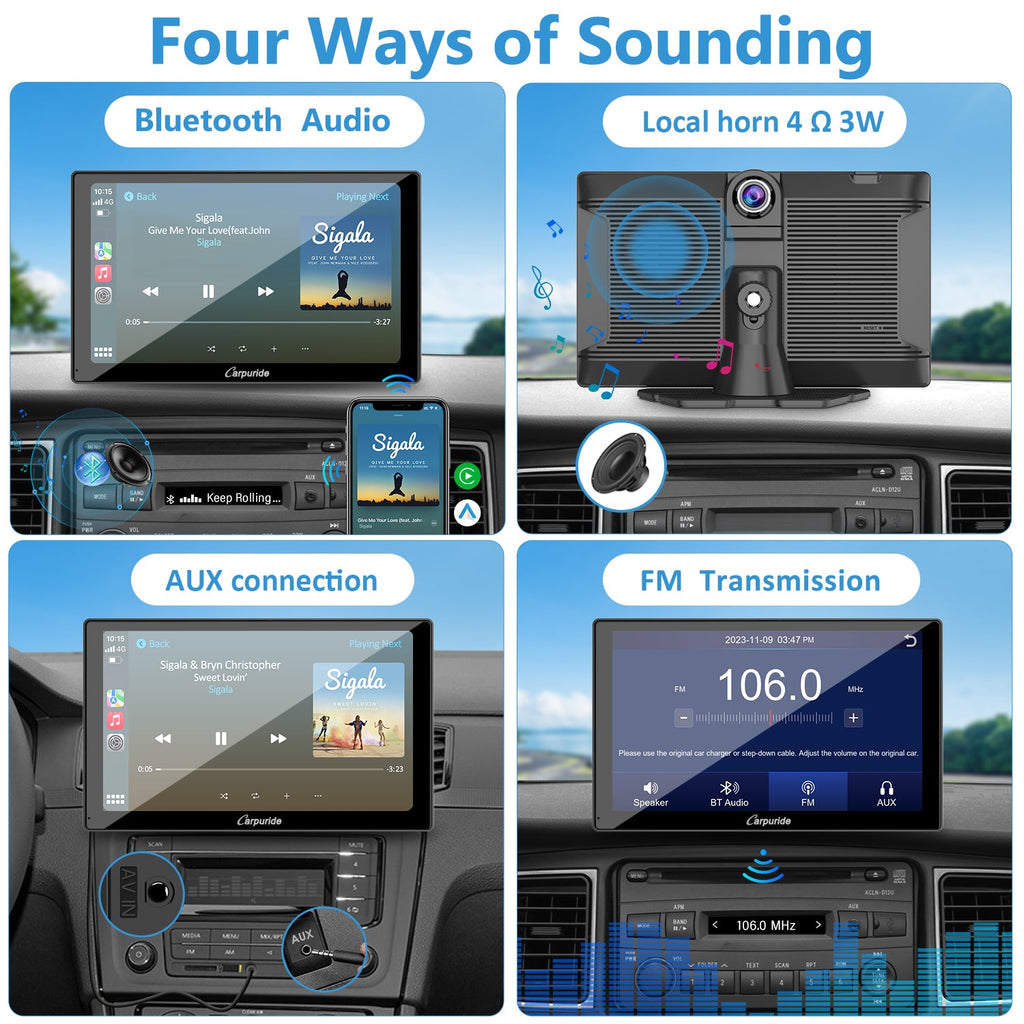 4 ways of sounding: bluetooth audio, local horn, aux connection, FM transmission