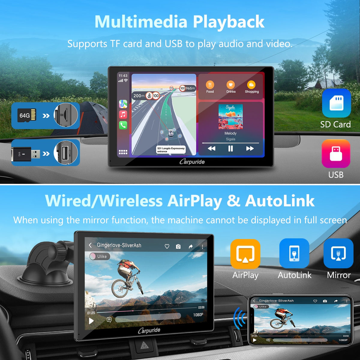 car radio, play video and audio from TF card & usb, mirror function can't display in full screen