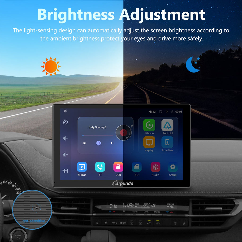 screen for car radio with light sensing: automatically adjust screen brightness 
