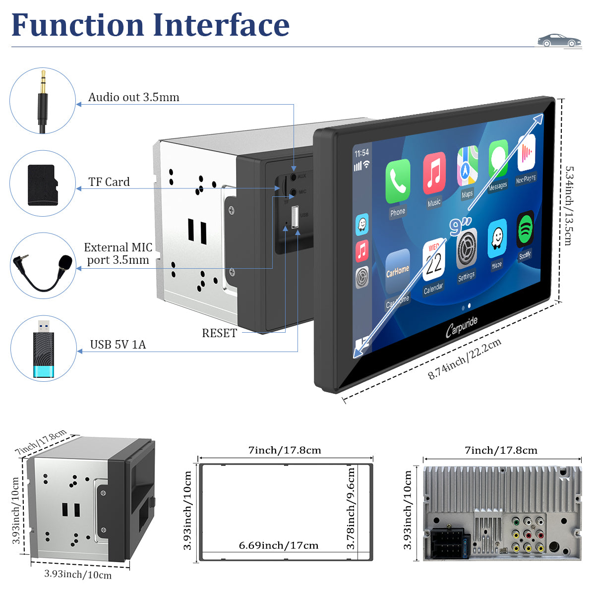 double din car stereo with rear camera function interface side view