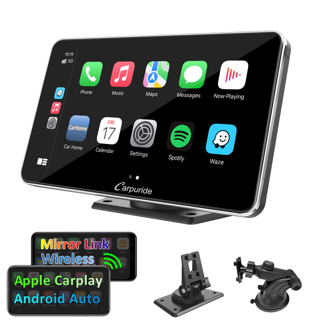 Car Stereo with Wireless Apple CarPlay&Android Auto, 7" IPS Touch Screen,Silver Frame,Multimedia Bluetooth Navigation Dashboard Console with Mirror Link, Google, and Siri Assistant