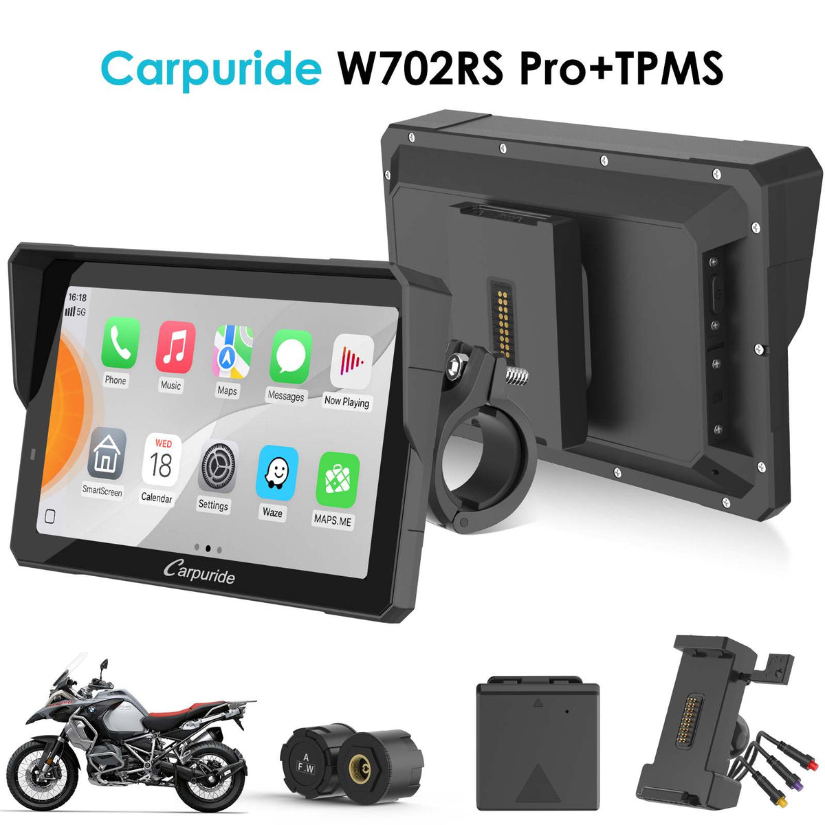 Carpuride 702RS Pro with Optional TPMS - Motorcycle CarPlay with Radar BSD & Plug-and-Play Bracket