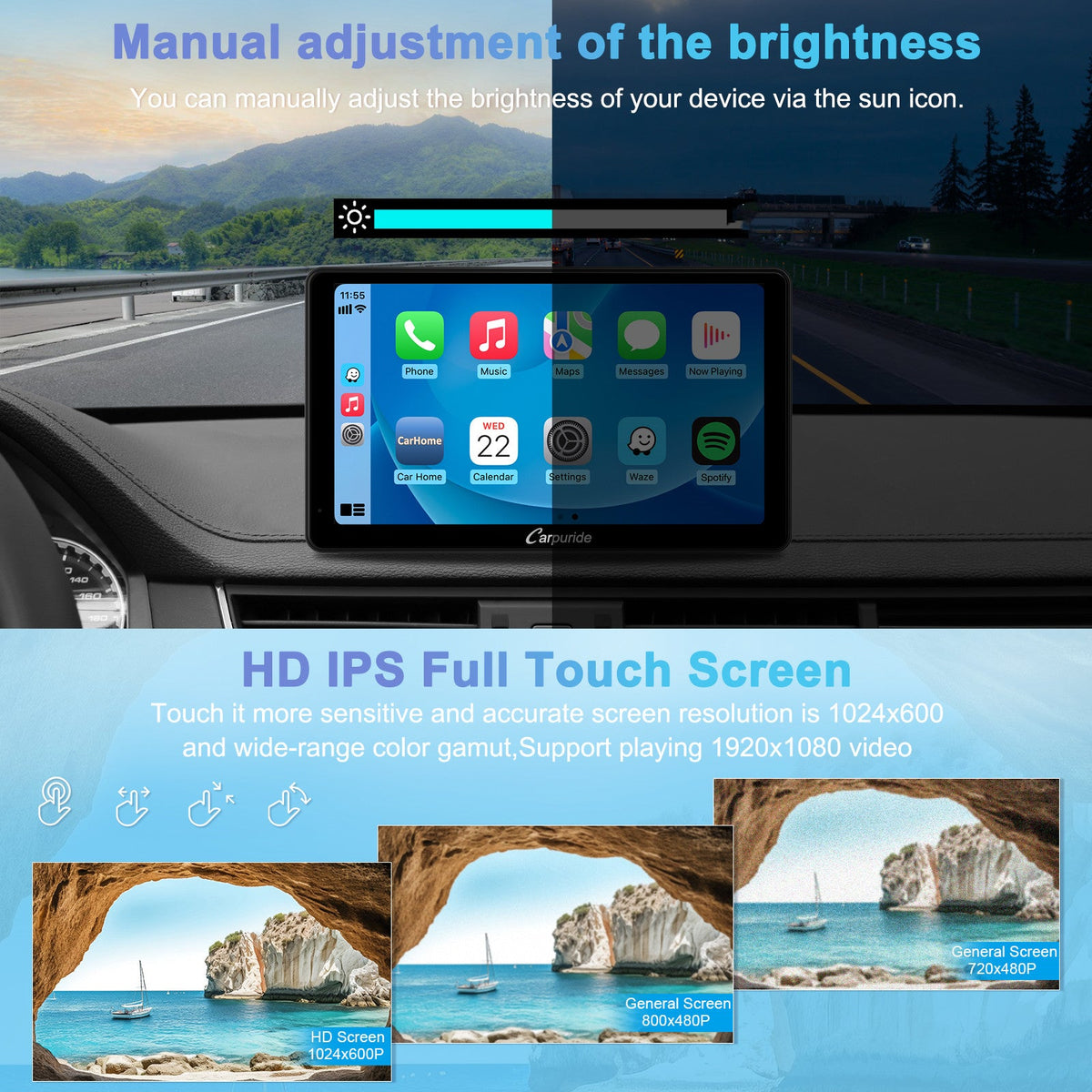 CARPURIDE C3 Portable Smart Multimedia Dashboard Console with Detachable Sunshade and Backup Camera