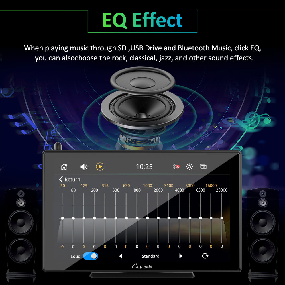 car dash screen with EQ effect adjust, rock, classical, jazz and other sound effects