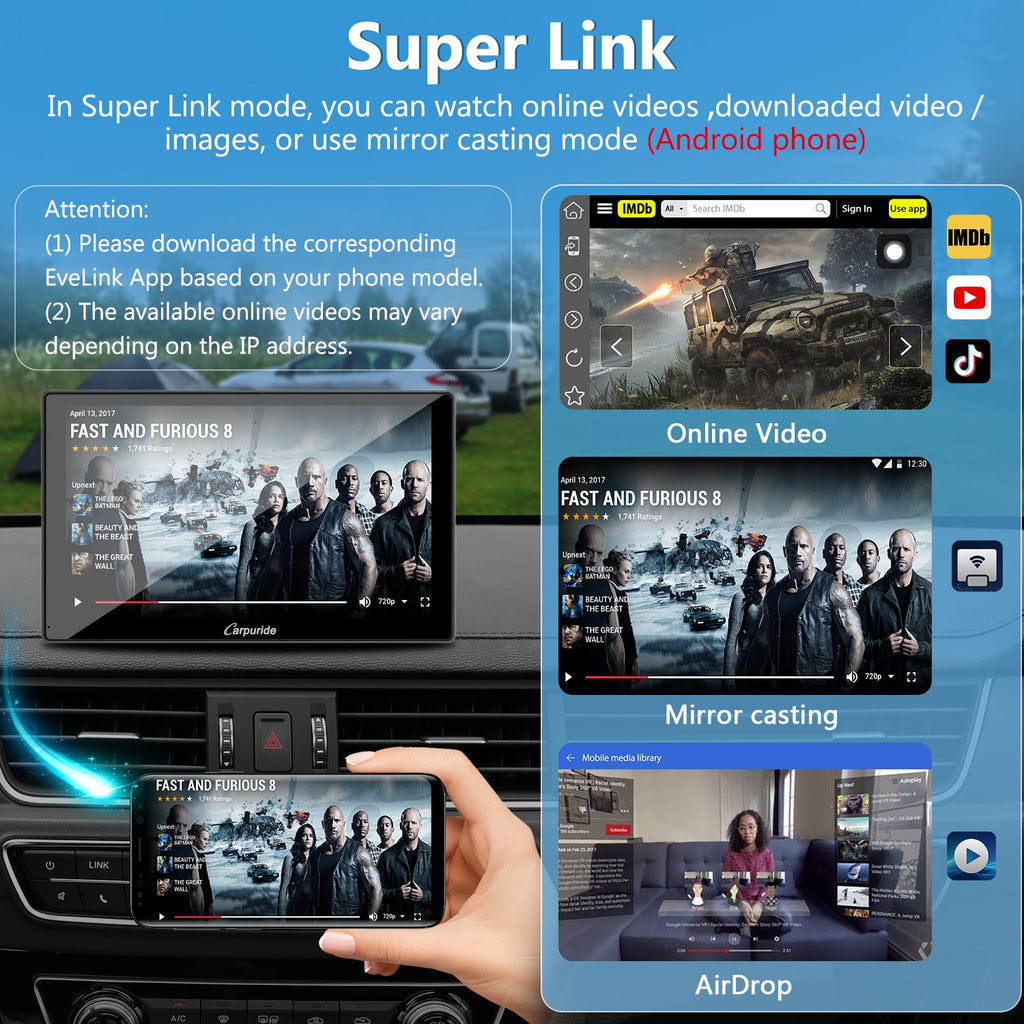 car gps super link mode let you watch online videos, download video/images, or use mirror casting 
