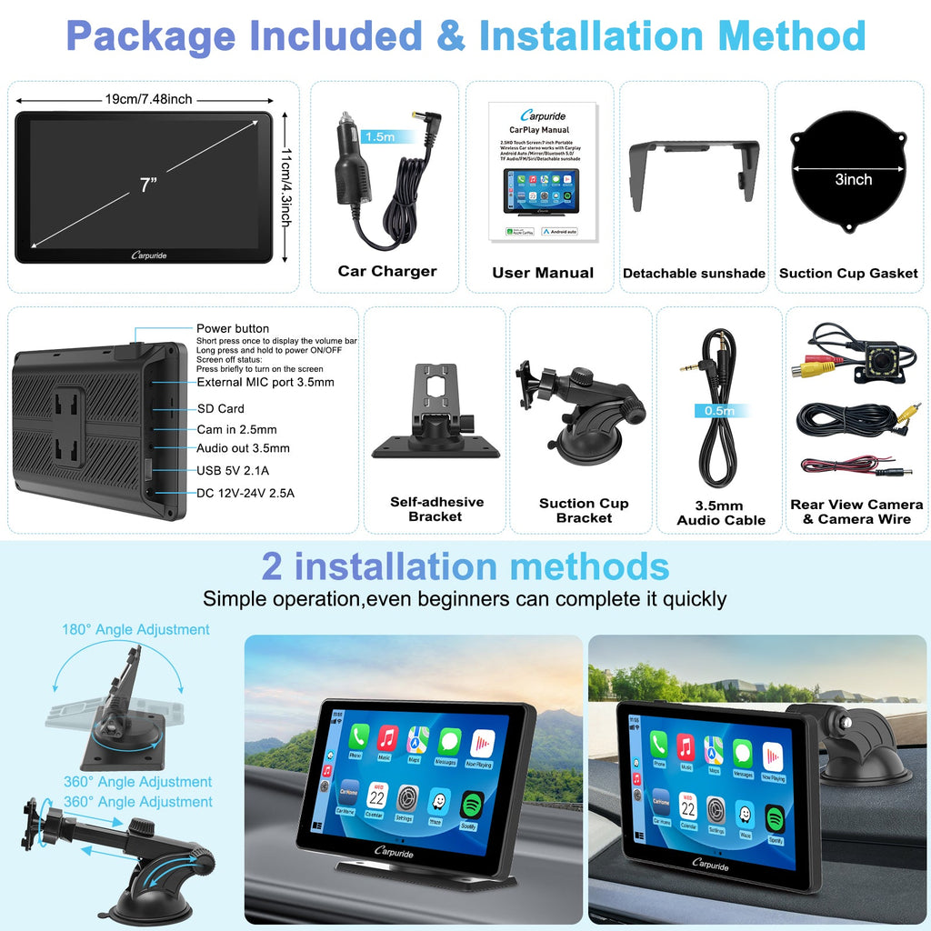 packing list: 7 inch car screen, car charger, mount brackets, rear view camera, etc.