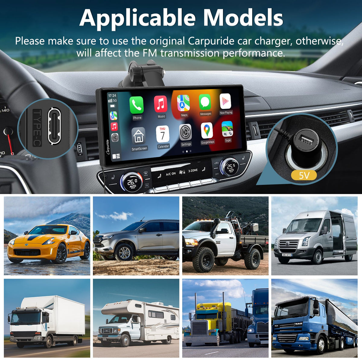 car stereo bluetooth with 12v-24v, suitable for cars,pickups, suvs, rvs, buses, trucks, etc.