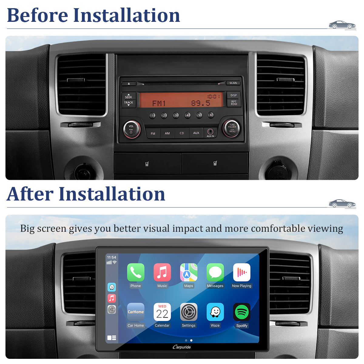double din car stereo with apple carplay before and after installation in car