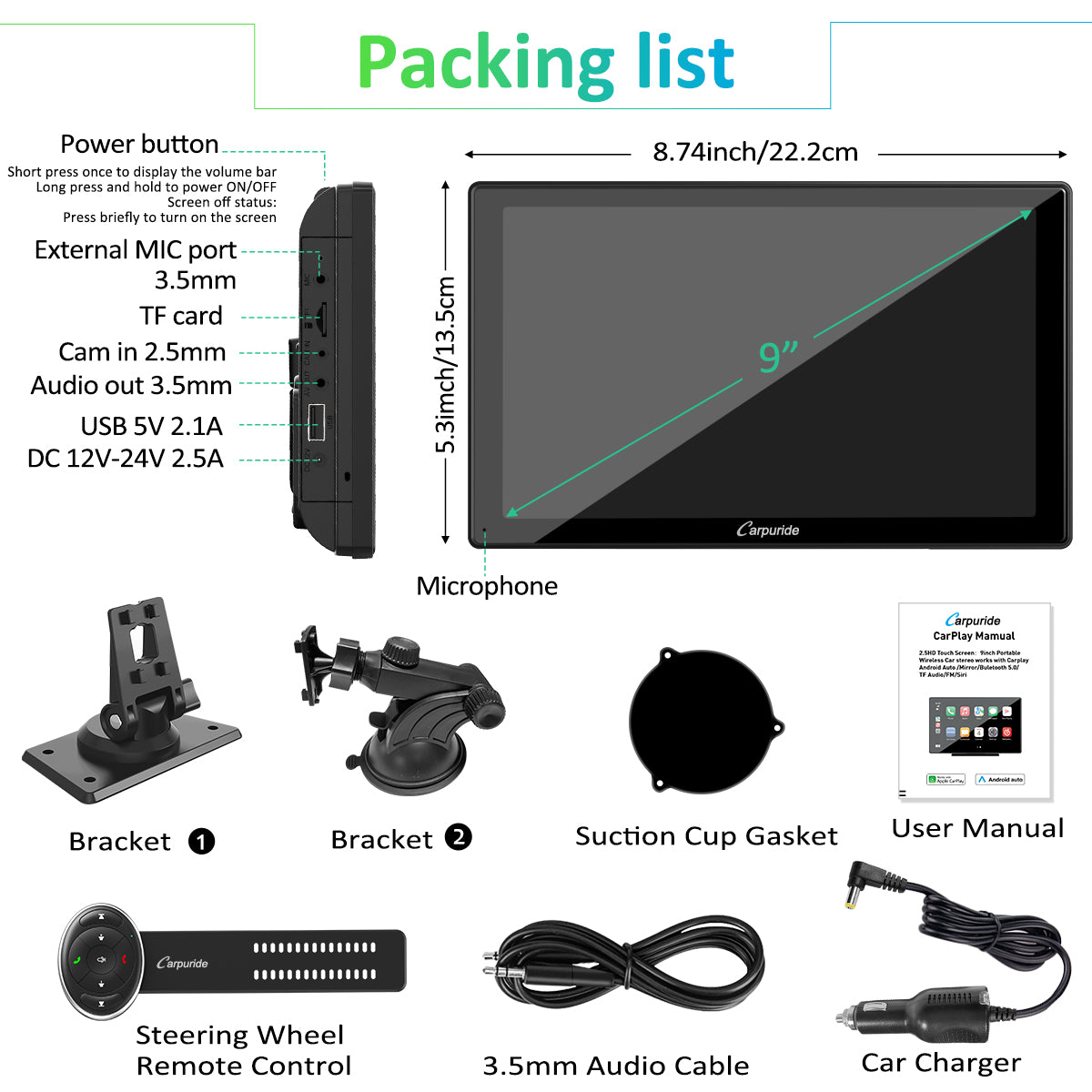 packing list: car stereo, car charger, mount brackets, steering wheel remote control, etc.
