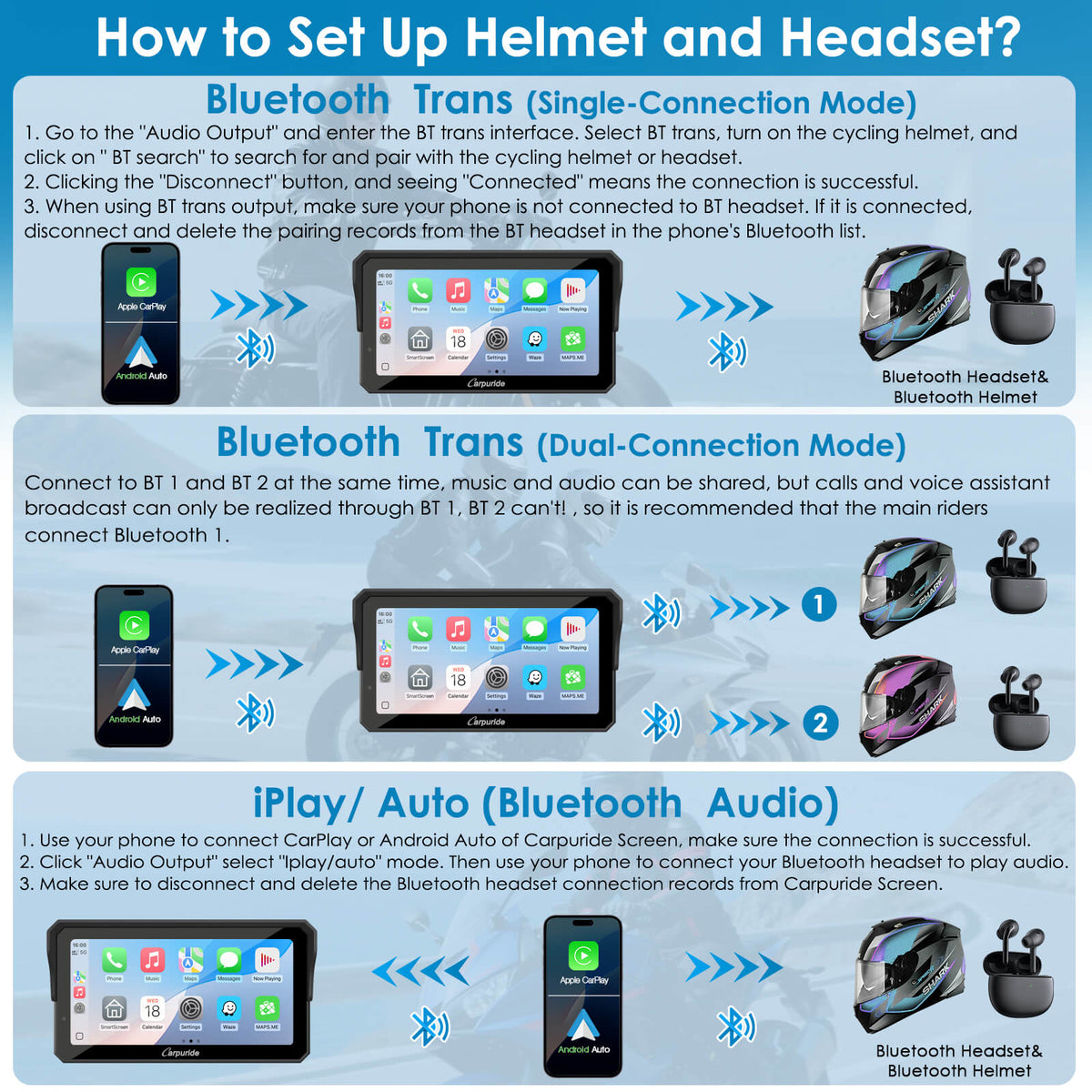 Bluetooth helmet connection setup for motorcycle CarPlay