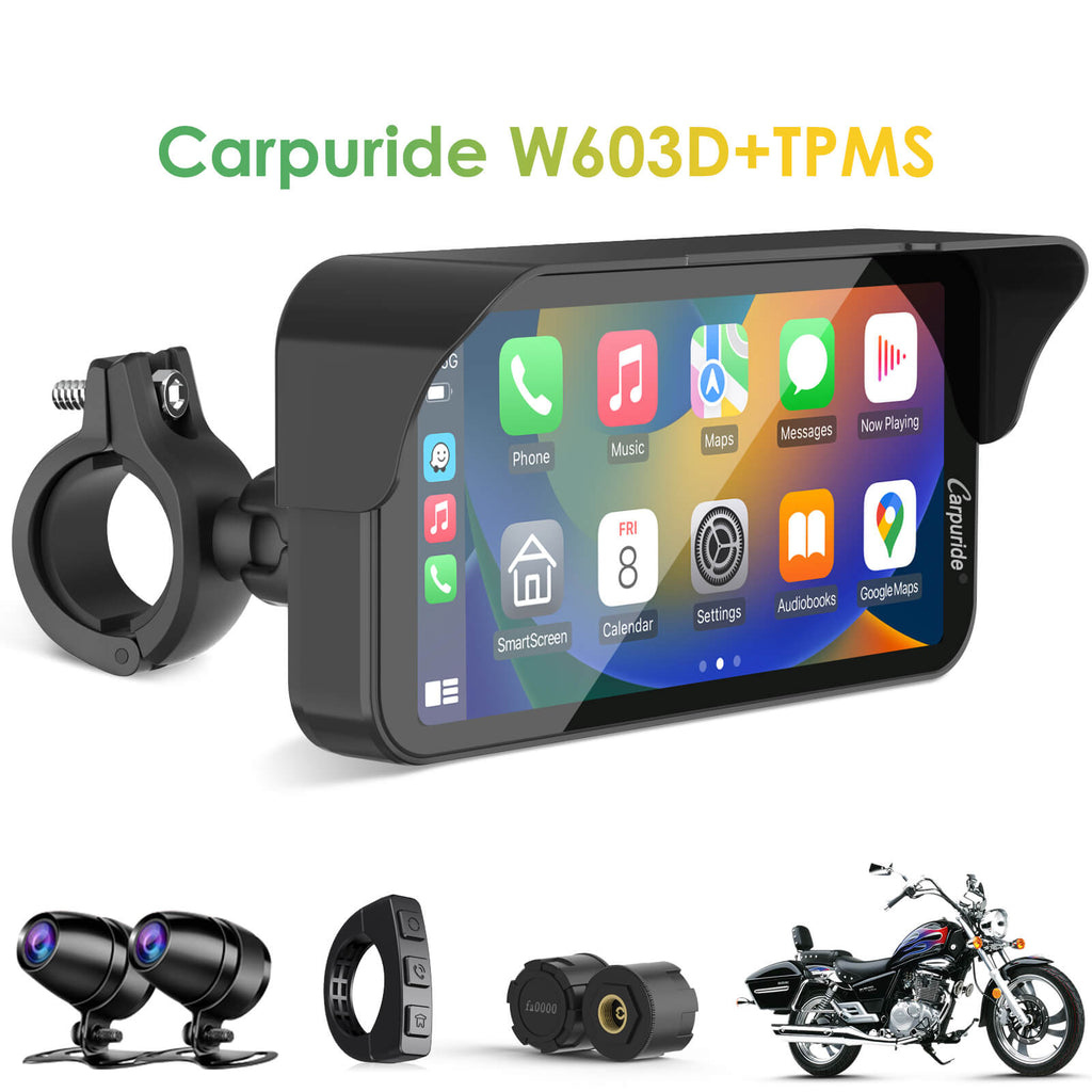 Carpuride W603D with TPMS Option | Wireless Portable Motorcycle Stereo with HD Dual Cameras
