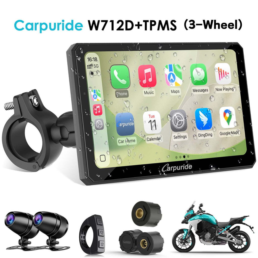 Carpuride W712D with TPMS Option | Rotatable Motorcycle Stereo with GPS Navigation & Dash Cam