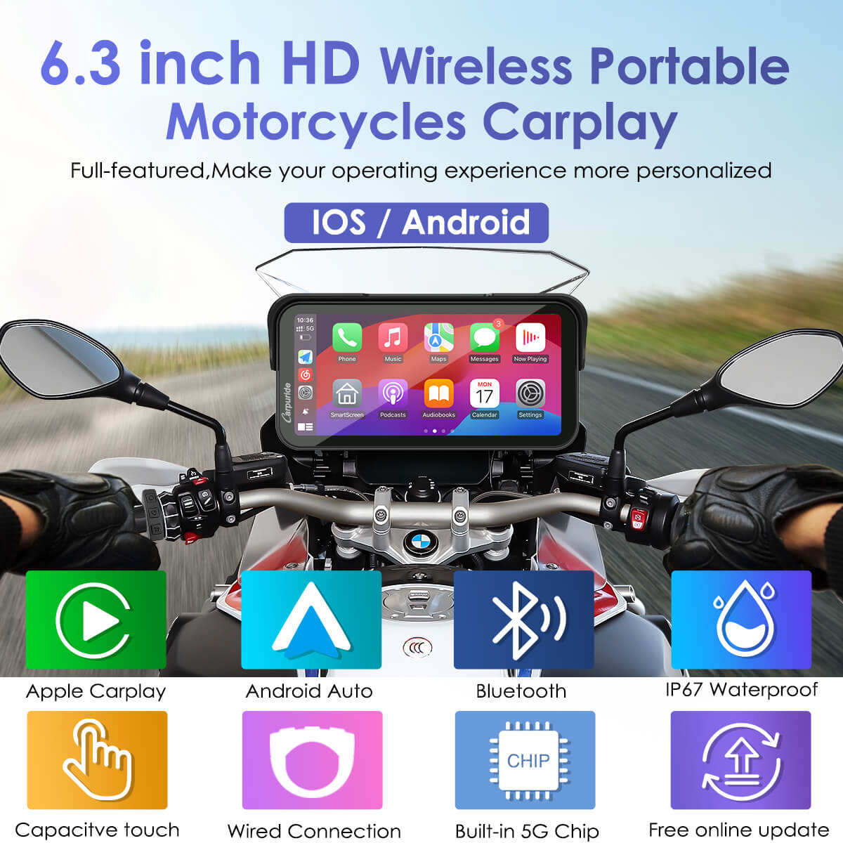 Carpuride W603B Wireless Portable Motorcycle Stereo Compatible Navigation Bracket