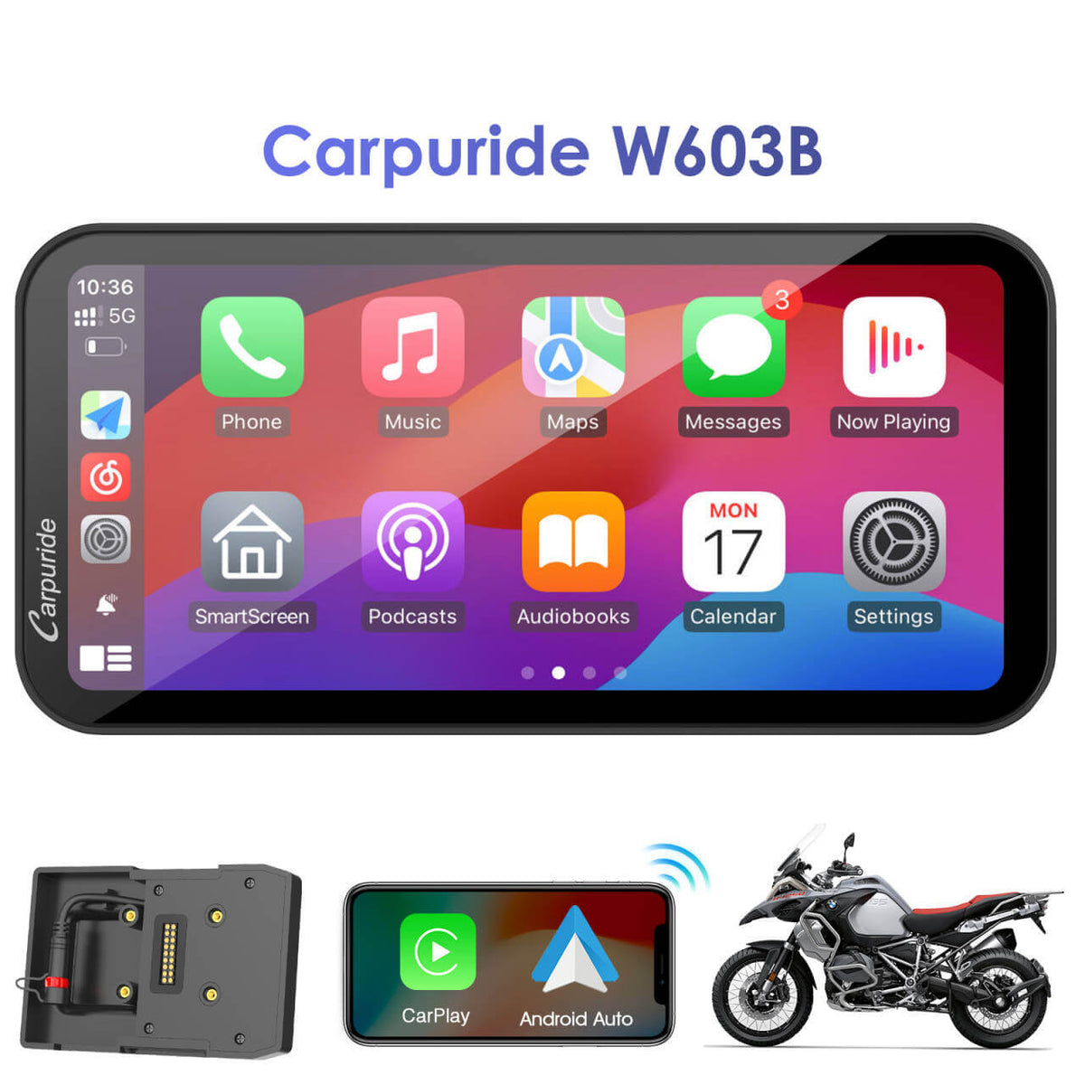 Carpuride W603B Wireless Portable Motorcycle Stereo Compatible Navigation Bracket