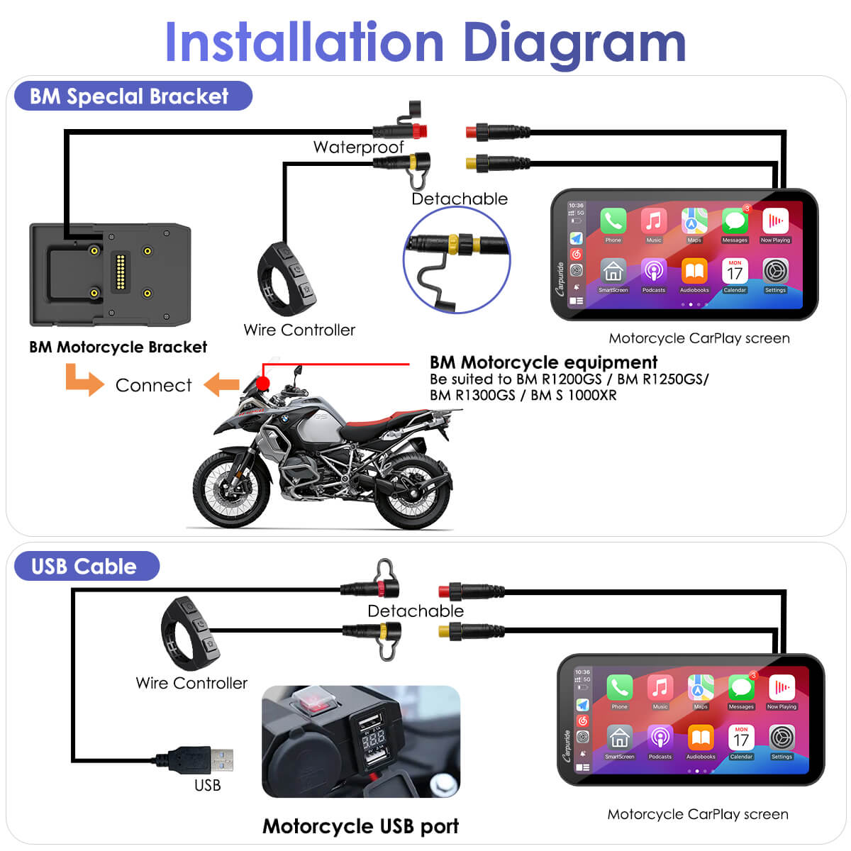 Carpuride W603B Wireless Portable Motorcycle Stereo Compatible Navigation Bracket