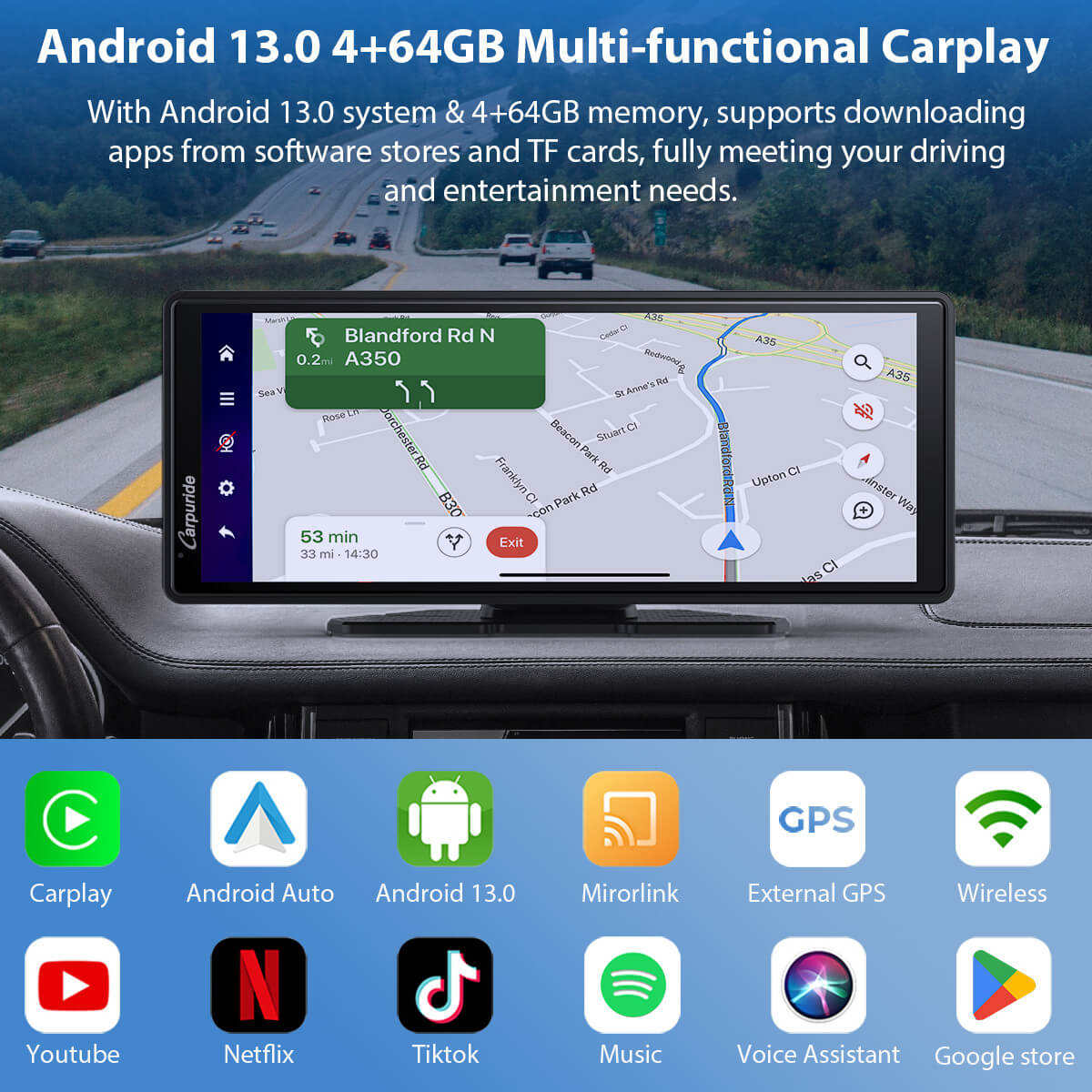 CARPURIDE W903 Plus Portable Wireless Car Stereo, Support Install Apps, with External GPS Antenna
