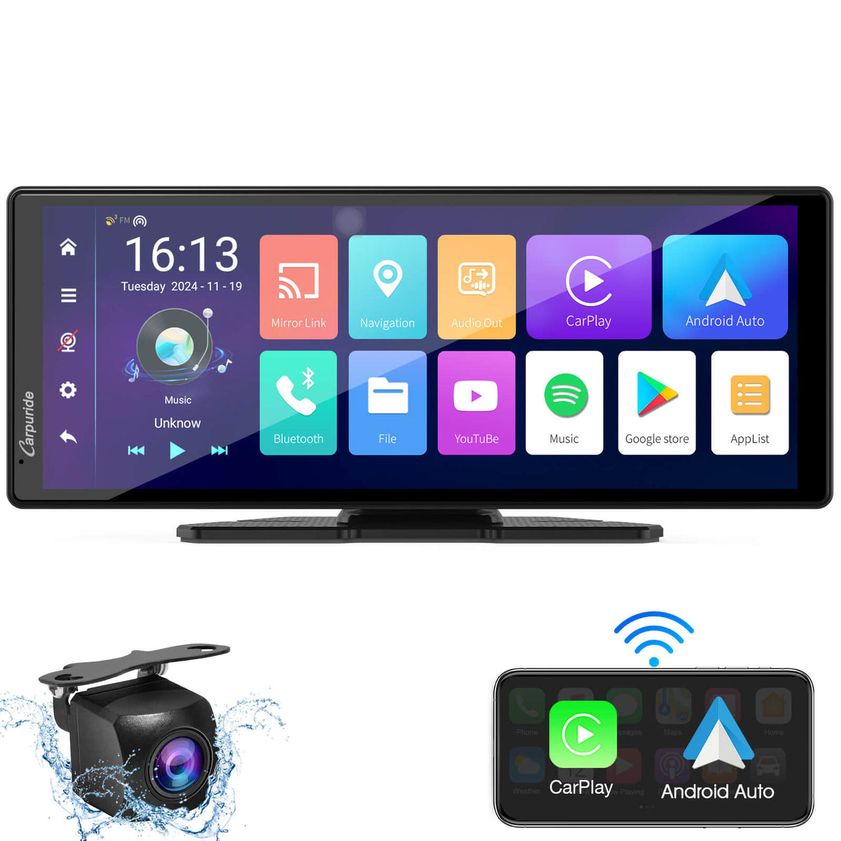 CARPURIDE W903 Plus Portable Wireless Car Stereo, Support Install Apps, with External GPS Antenna
