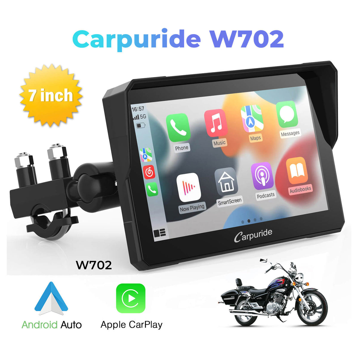 Carpuride W702-7 inch motorcycle bluetooth speaker with apple carplay & android auto