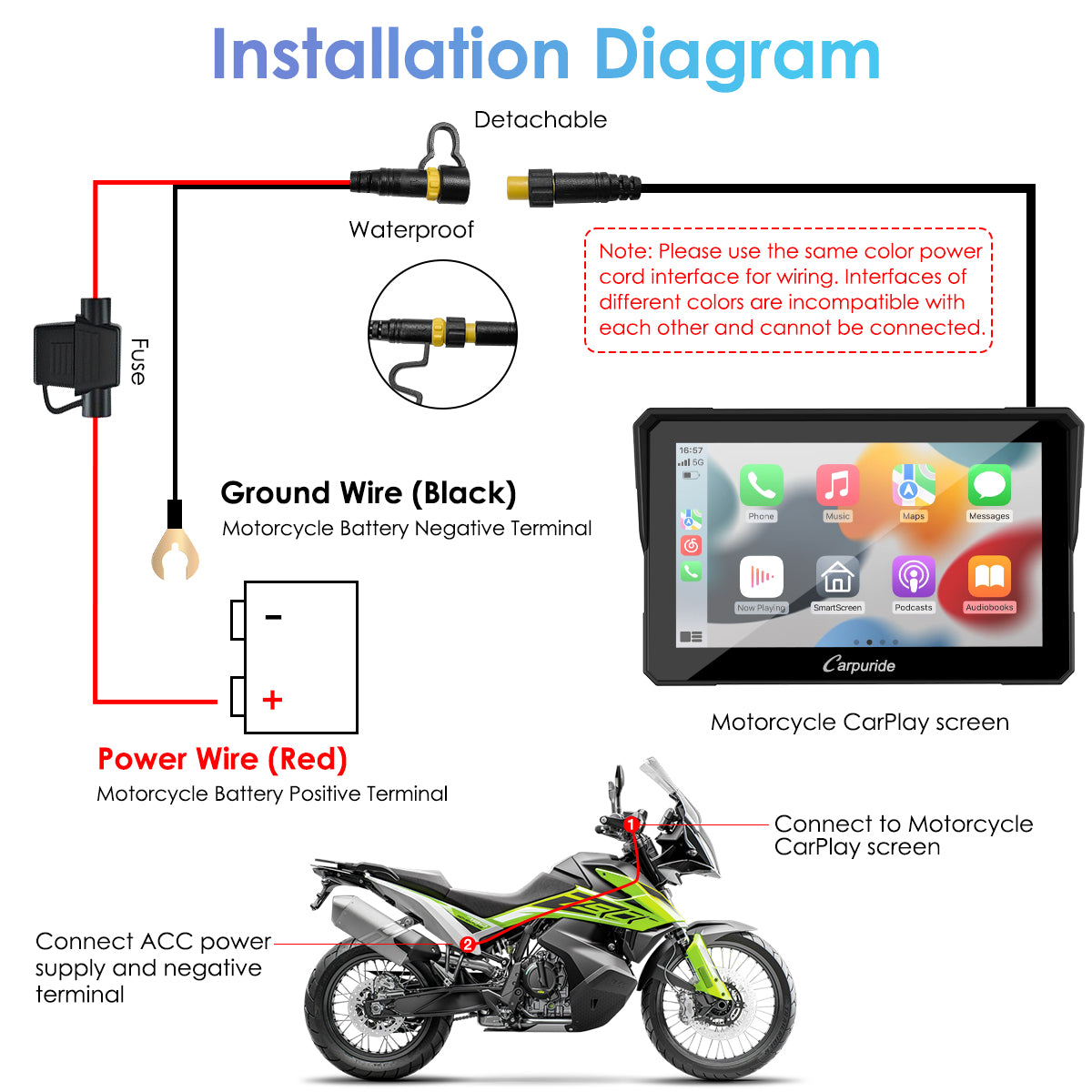 detailed instruction for how to install the motorcycle carplay screen on a bike through power cable