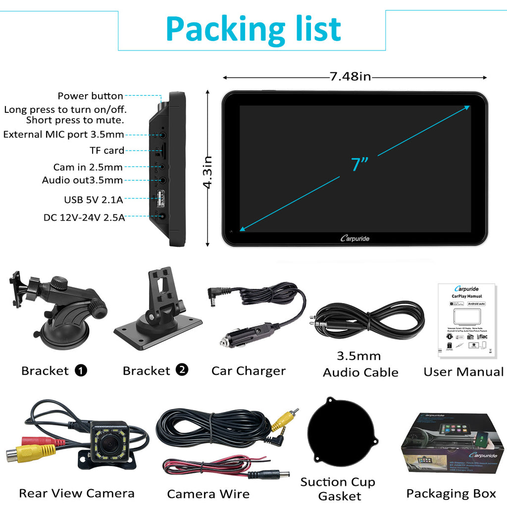 Car Stereo with Carplay/Android Auto, Plug and Play Quick Install, 7 Inch IPS Touch Screen, Multimedia Player with Bluetooth, Mirror Link, Google and Siri Assistant，Backup Camera