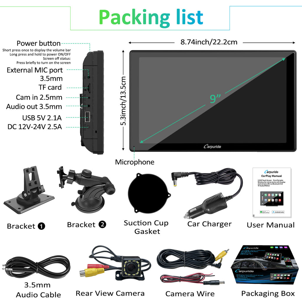 packing list: portable car stereo, car charger, mount brackets, user manual, etc.