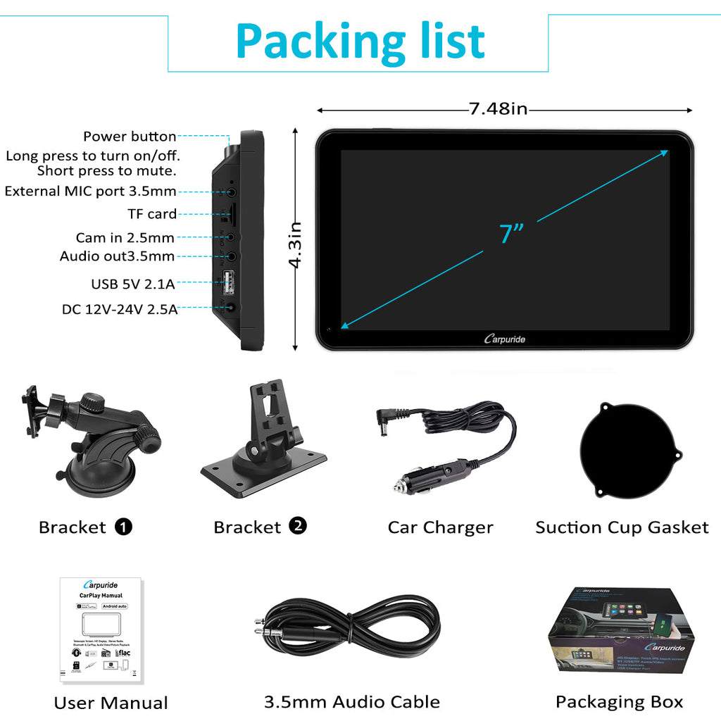 Car Stereo with Carplay/Android Auto, Plug and Play Quick Install, Suitable for All Cars, 7 Inch IPS Touch Screen, Multimedia Player with Bluetooth, Mirror Link, Google and Siri Assistant